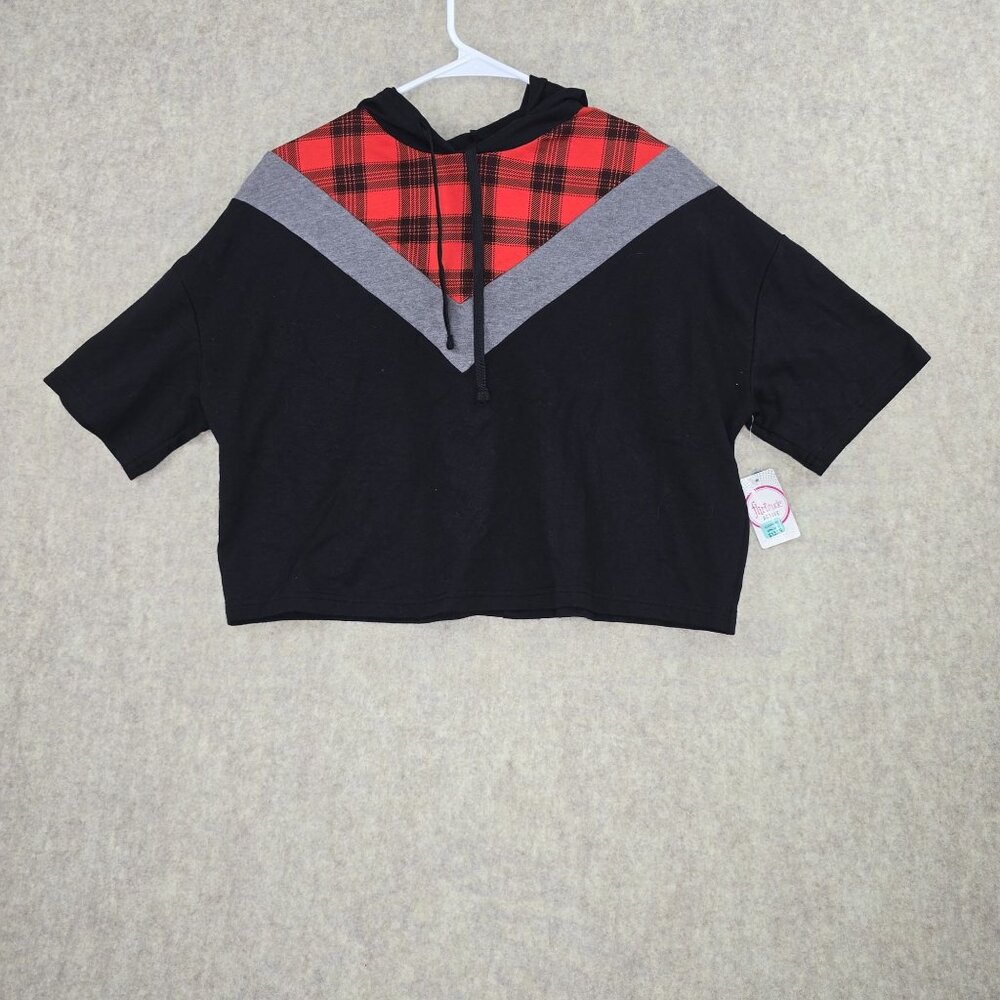 Flirtitude Women Cropped Hoodie Black Red Plaid S Cotton Blend Casual Activewear